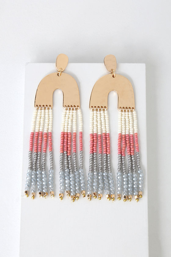 Boho Gold and Grey Earrings Tassel Earrings Beaded Earrings Lulus