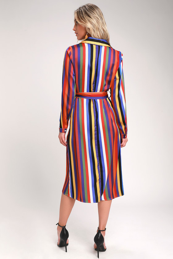 Amuse Me Rainbow Striped Long Sleeve Midi Shirt Dress