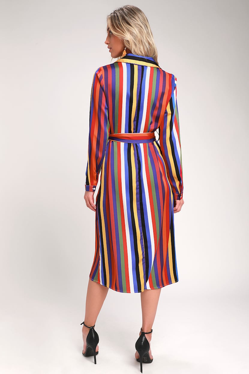 Cute Rainbow Striped Dress - Long Sleeve Dress - Shirt Dress - Lulus