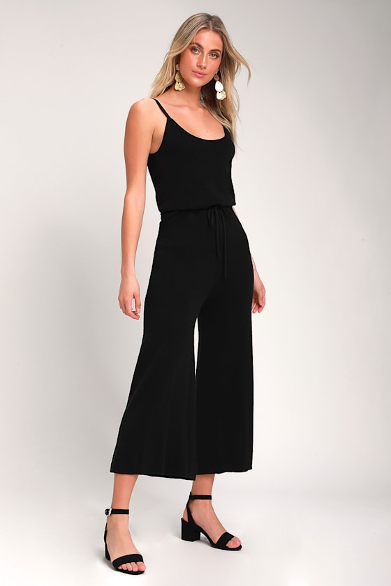 Cute Washed Black Jumpsuit Knit Jumpsuit Culotte Jumpsuit Lulus