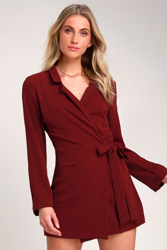 Sexy Burgundy Romper - Blazer Romper - Stretch-Woven Romper - Lulus