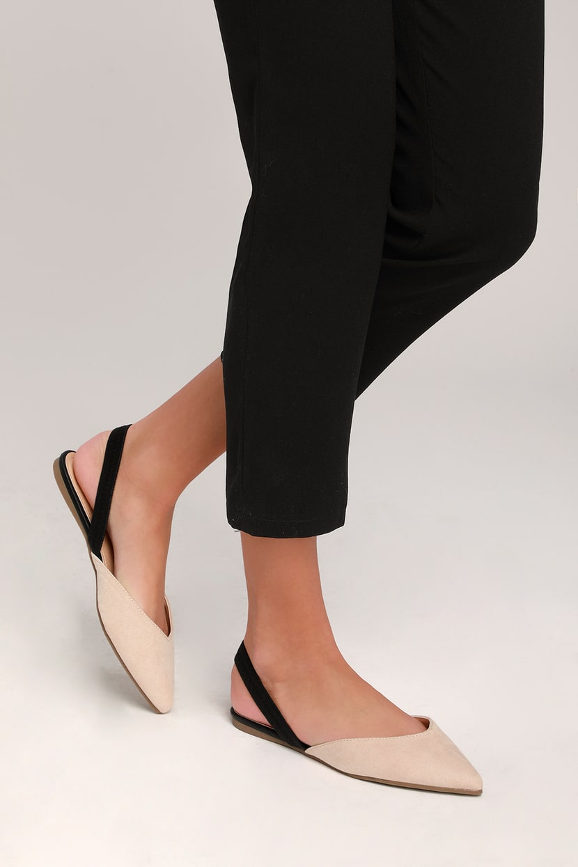 Mae Beige and Black Suede Pointed-Toe Slingback Flats