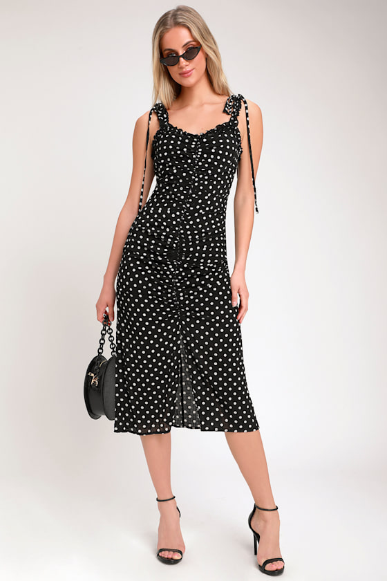 Carlee Black Polka Dot Ruched Midi Dress 1