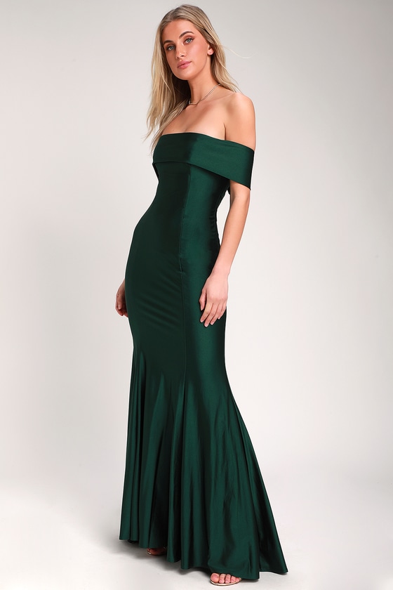 emerald green off the shoulder long dress