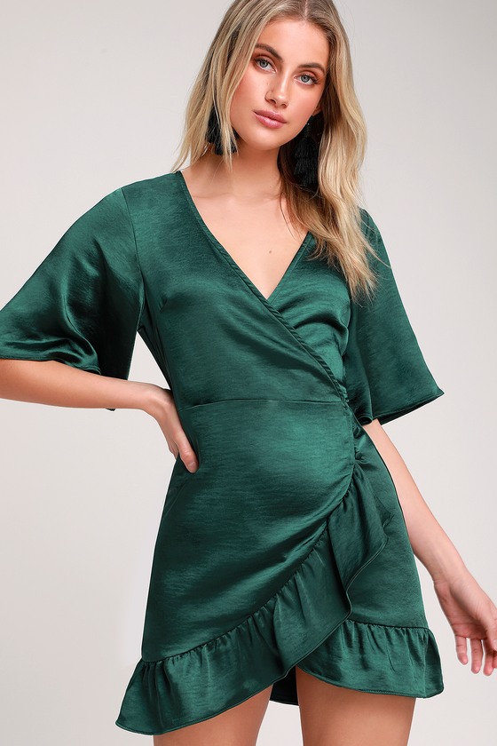 Dark Green Satin Wrap Dress Online ...