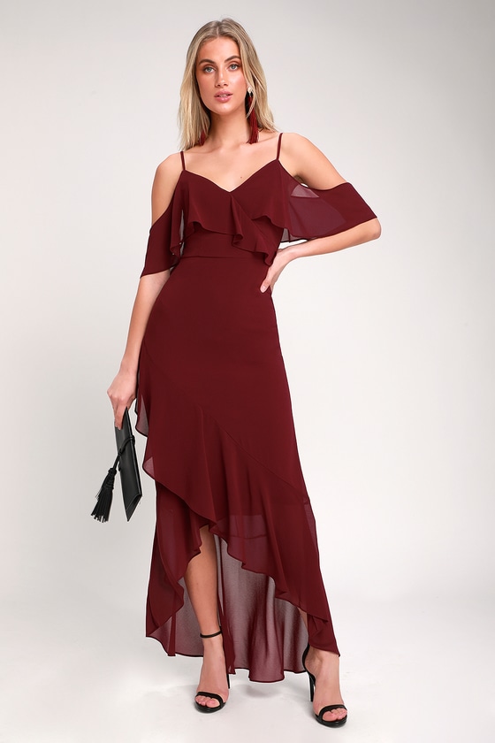 burgundy ruffle dress