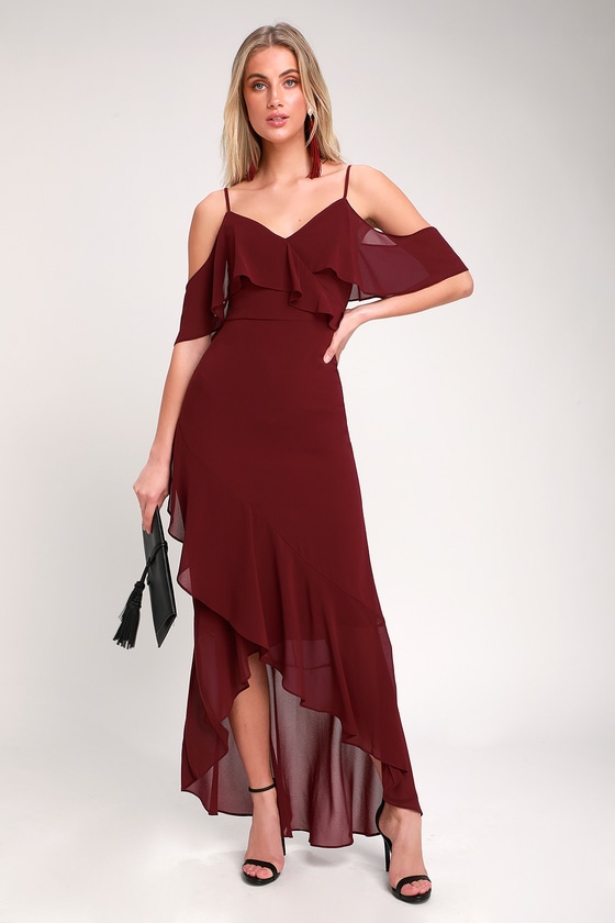 Caden Burgundy Off-the-Shoulder Ruffled Maxi Dress