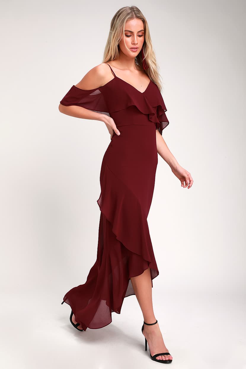 Lovely Burgundy Dress - Off-the-Shoulder Dress - Maxi Dress - Lulus