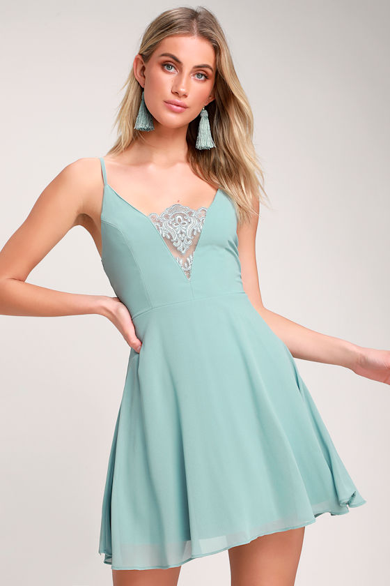 Cute Dusty Blue Dress Blue Skater Dress Lace Skater Dress Lulus