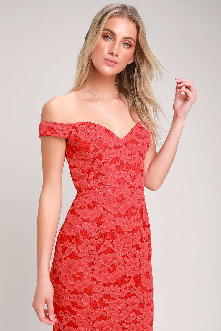 Lovely Red Lace Maxi Dress - Lace Off-the-Shoulder Dress - Gown - Lulus