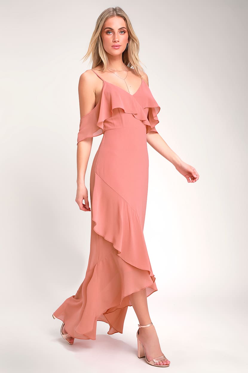 Lovely Rusty Rose Dress - Off-the-Shoulder Dress - Maxi Dress - Lulus