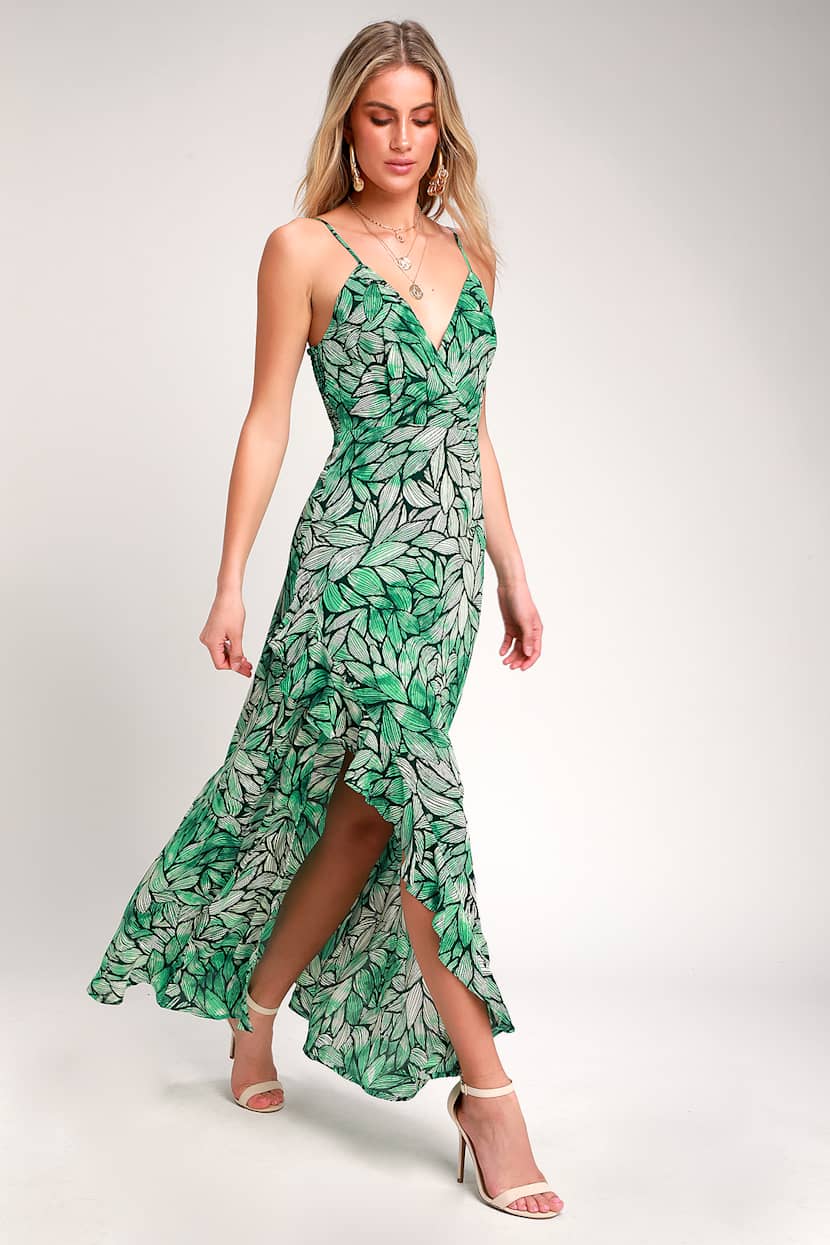 slim fit dress slacks Green Leaf Print Long Pleated White Lace Hawaiian Dress 2034