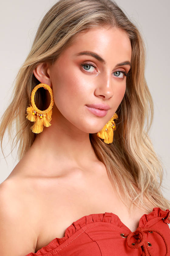 Oaklee Golden Yellow Beaded Tassel Hoop Earrings 2