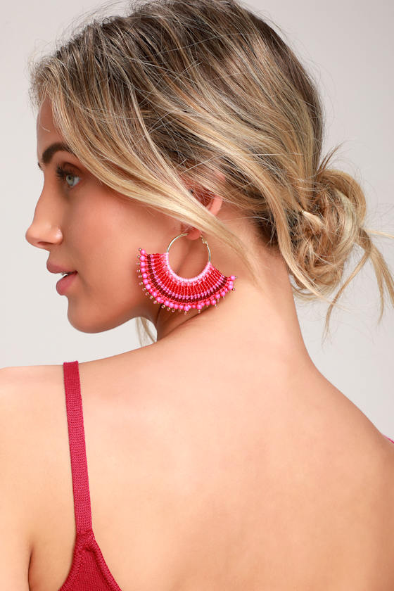 Boho Fuchsia Earrings Beaded Earrings Hoop Earrings Lulus