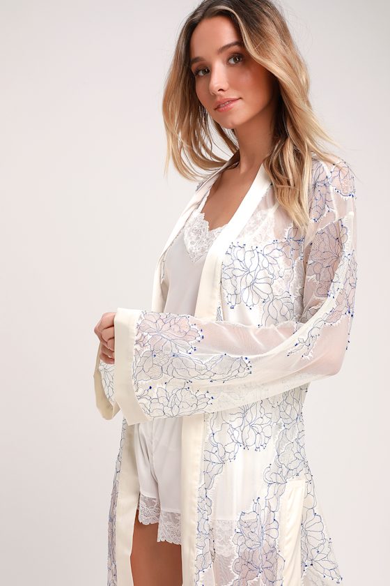 Treat Yourself Ivory and Blue Sheer Lace Robe 2