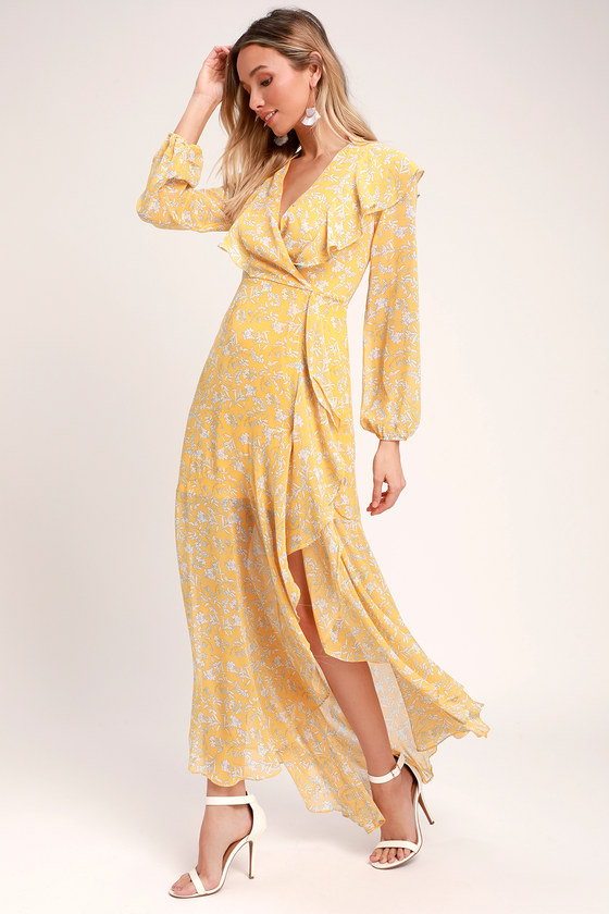 Lovely Yellow Floral Print Dress - Maxi Dress - Ruffled Dress - Lulus