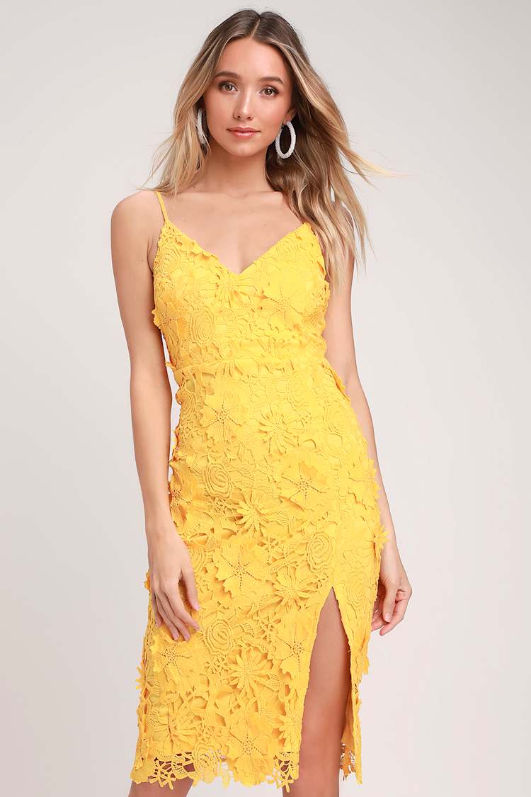 Steal Your Heart Yellow Crochet Lace Midi Dress
