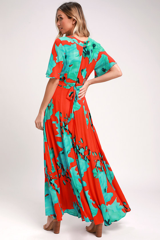 Temptress Red and Teal Blue Print Maxi Dress 1