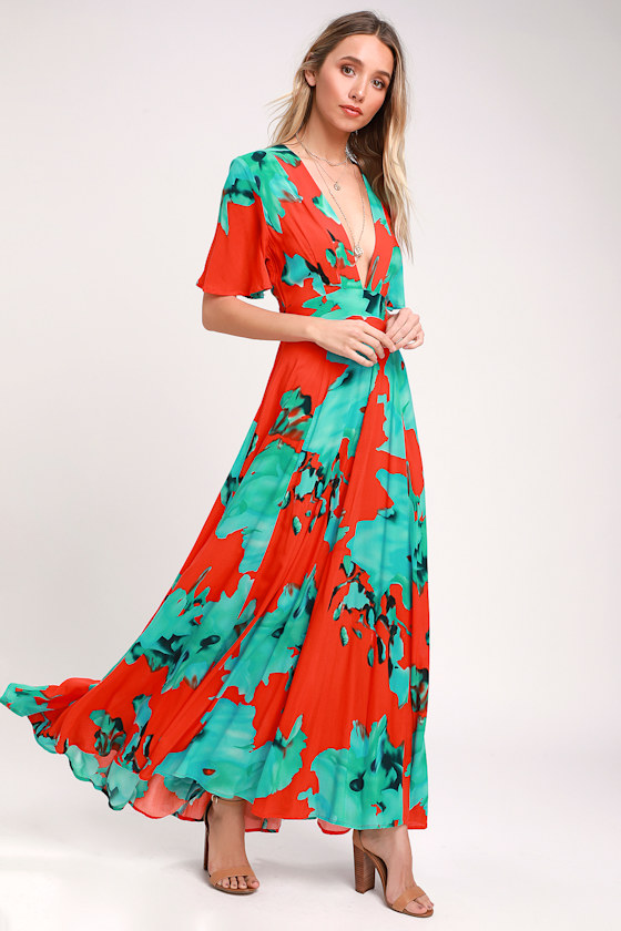 Temptress Red and Teal Blue Print Maxi Dress 1