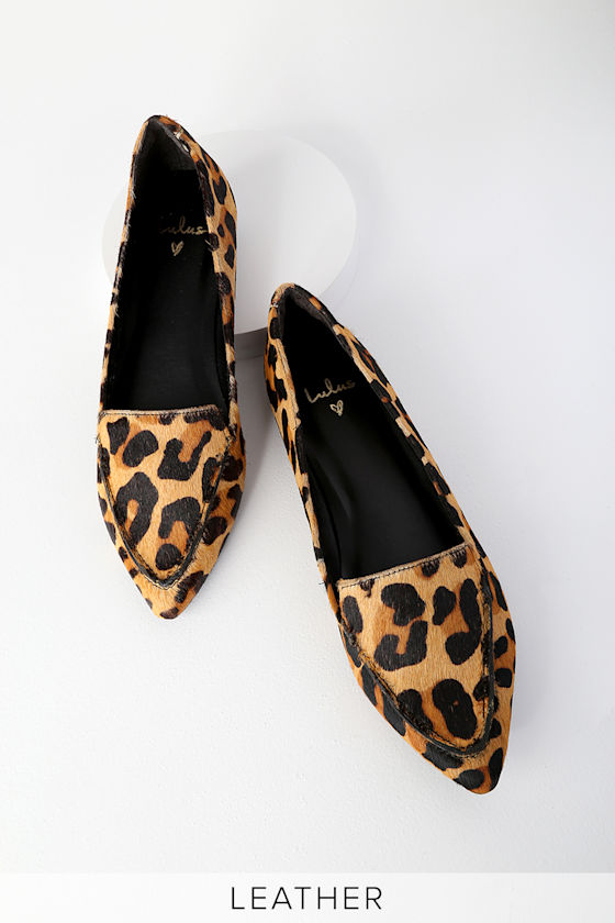 Emmy Leather Leopard Calf Hair Pointed-Toe Loafers 3