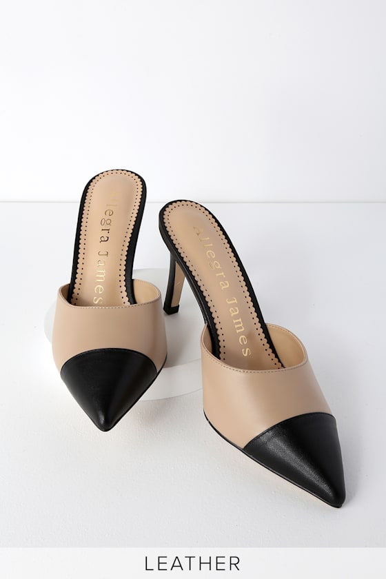 Maxine Nude and Black Leather Pointed Toe Mules 1