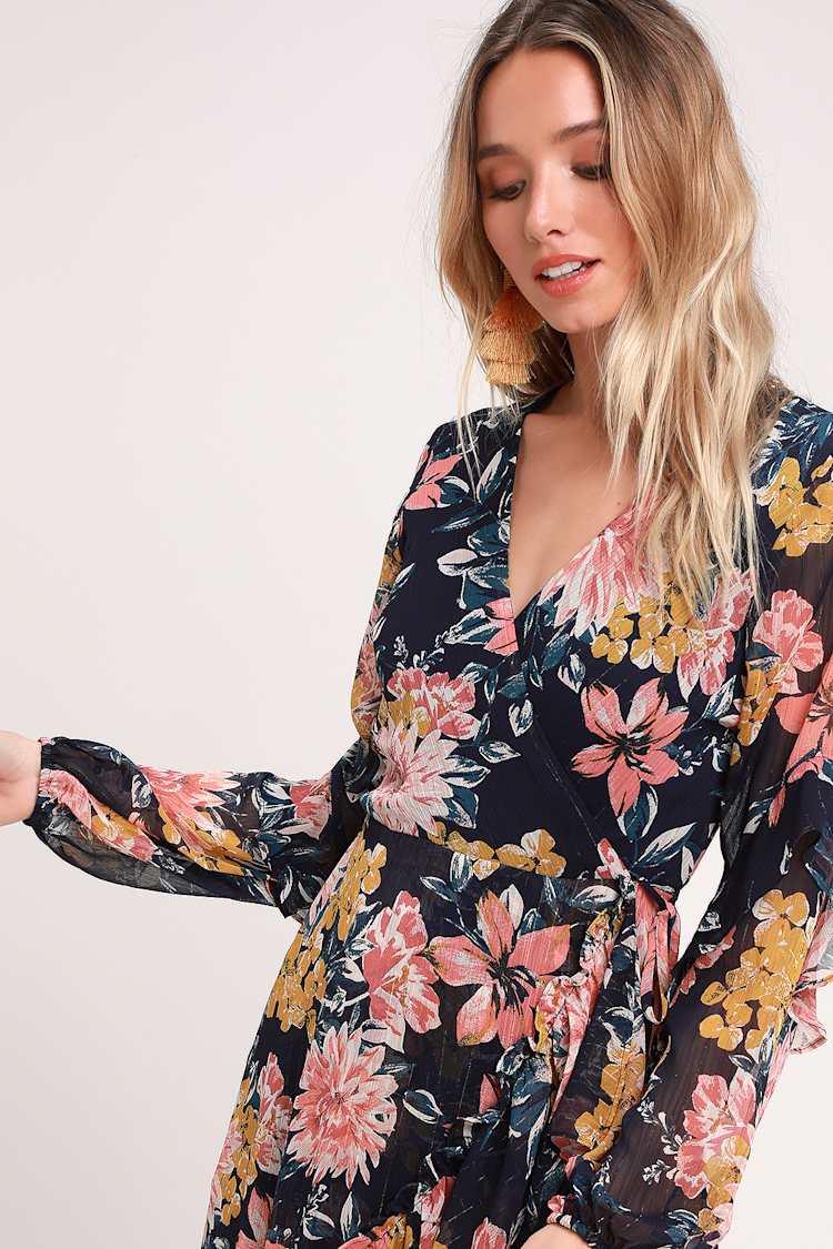 Alana Navy Blue Floral Print Long Sleeve Ruffled Midi Dress