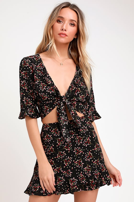Carnation Crush Black Floral Print Two-Piece Dress 2