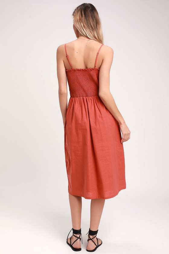 Cute Terra Cotta Midi Dress - Smocked Dress - Button-Front Dress - Lulus