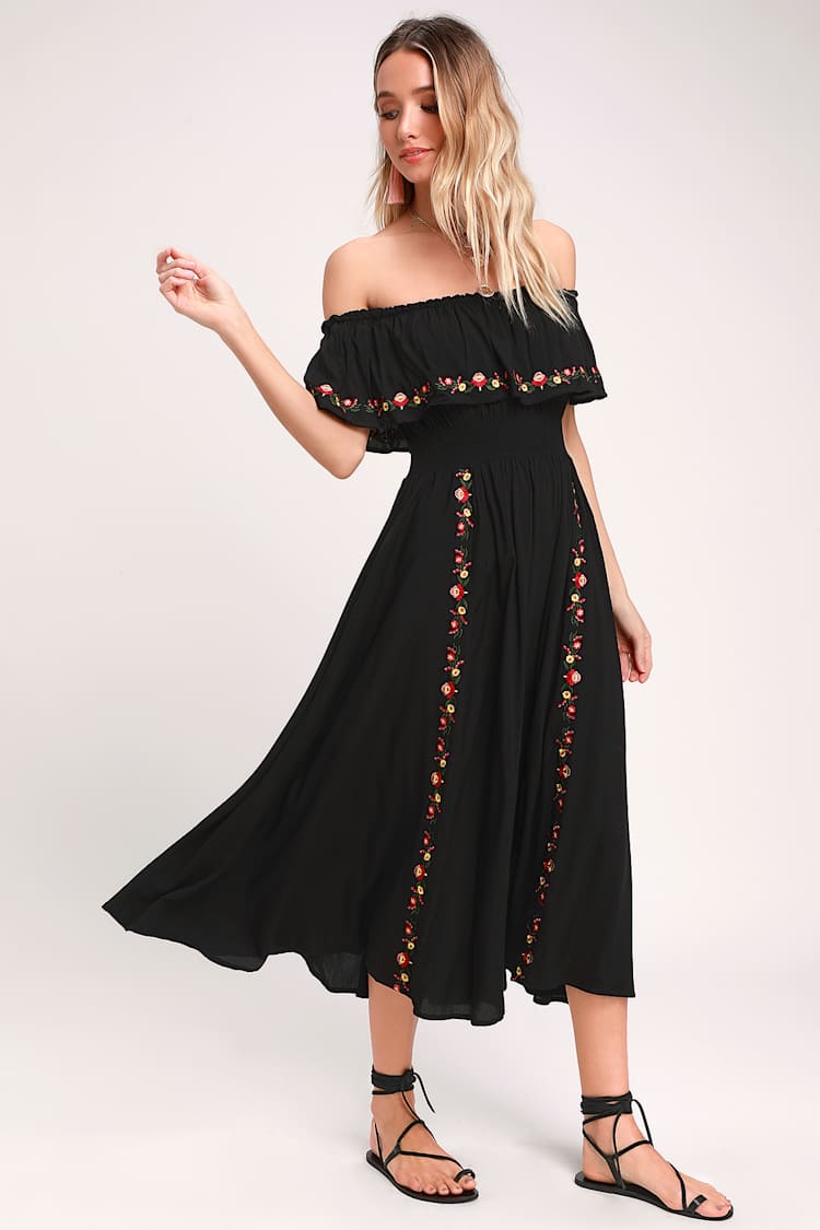 Boho Off-the-Shoulder Dress - Black Embroidered Midi Dress - Lulus