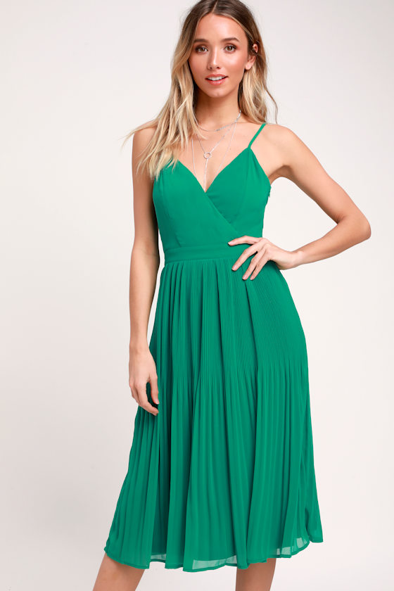 green midi pleated dress