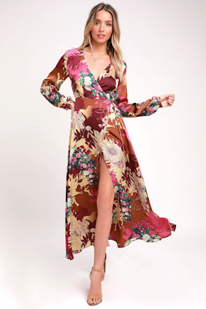 petite burgundy satin wrap detail maxi dress Gal Satin Wrap Mini Dress - Burgundy