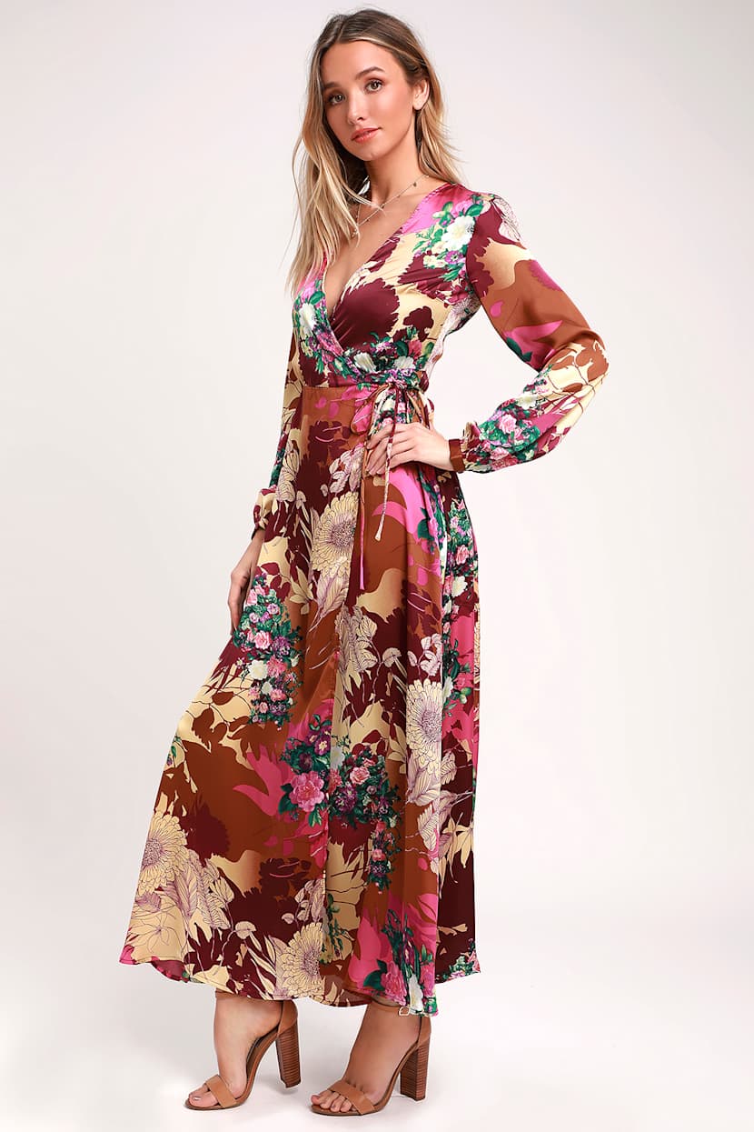 petite burgundy satin wrap detail maxi dress Burgundy Coast Petite Twill Long Sleeve Wrap Dress With Belt