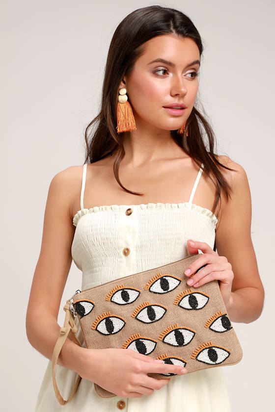 Eye See You Beige Beaded Woven Clutch 2