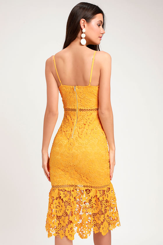 Taliah Golden Yellow Lace Midi Dress 4