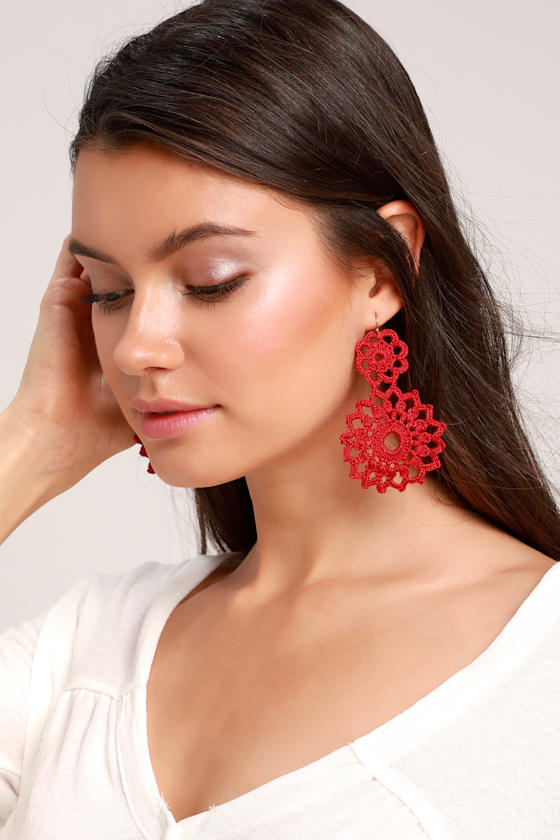 Boho Red Earrings Crocheted Earrings Statement Earrings Lulus