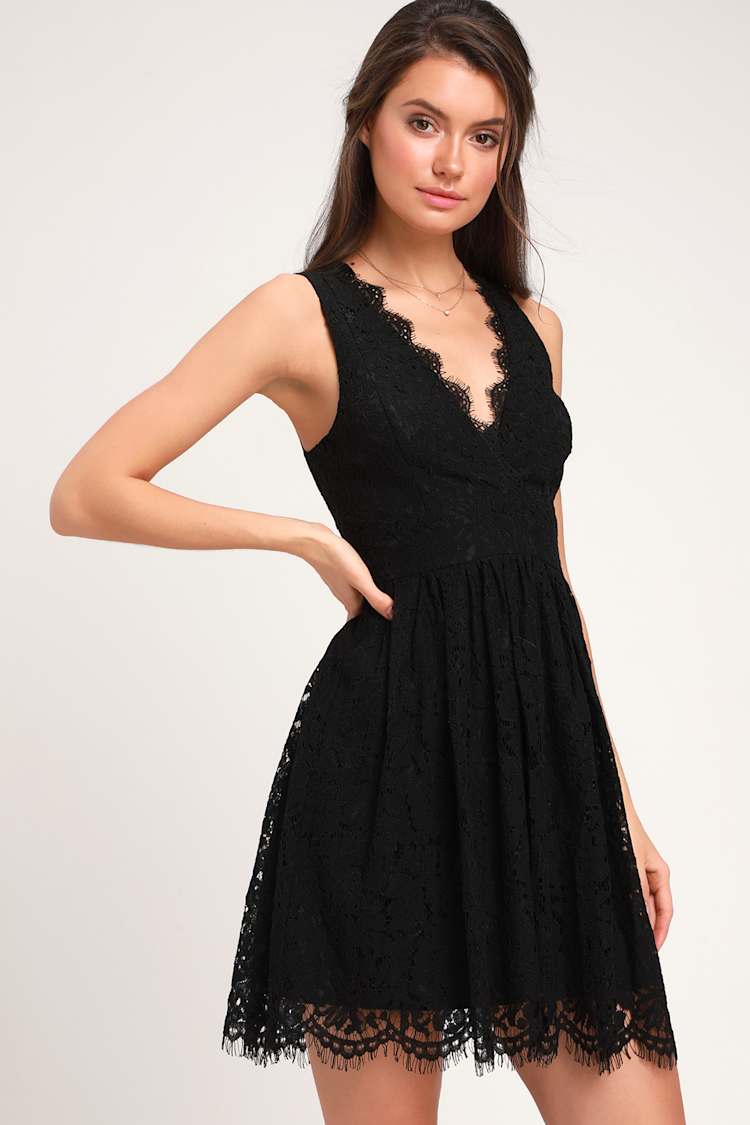 In This Moment Black Lace Sleeveless Skater Dress