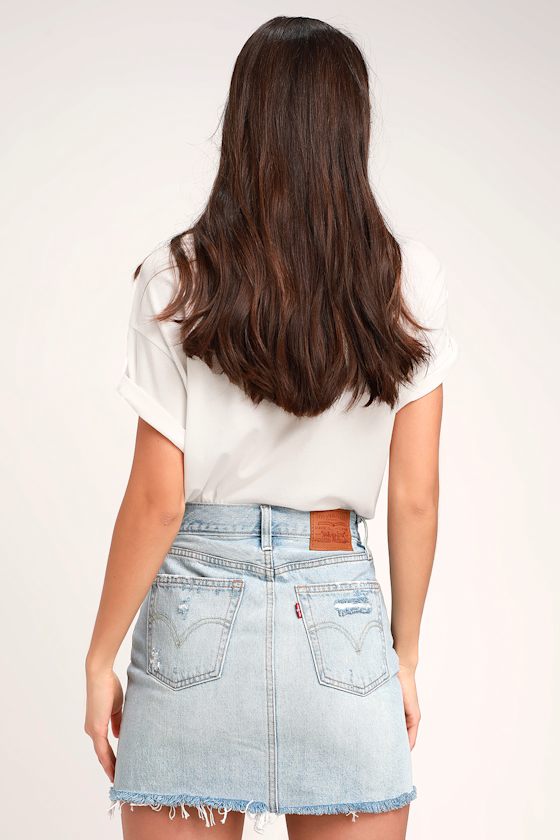 Deconstructed Light Wash Distressed Denim Mini Skirt 2
