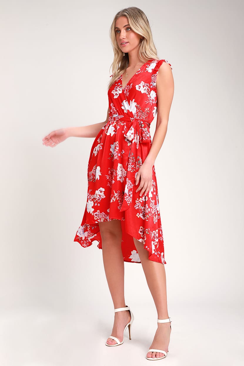 Pretty Floral Print Dress - Red Dress - High Low Dress - Lulus