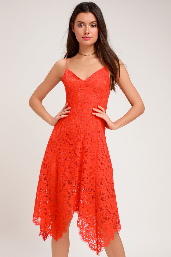 Lovely Orange Lace Dress Midi Dress Handkerchief Hem Dress Lulus