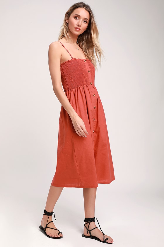 Cute Terra Cotta Midi Dress - Smocked Dress - Button-Front Dress - Lulus