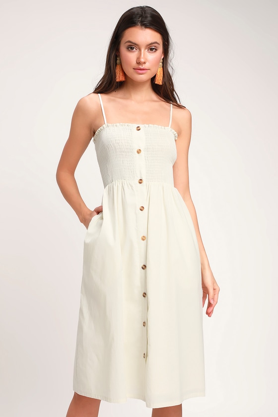 Cute Cream Midi Dress - Smocked Dress - Button-Front Dress - Lulus