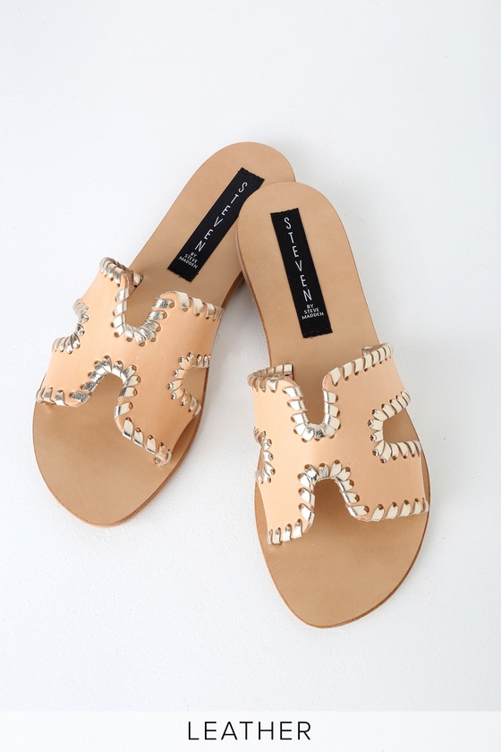 greece cognac leather slide sandals