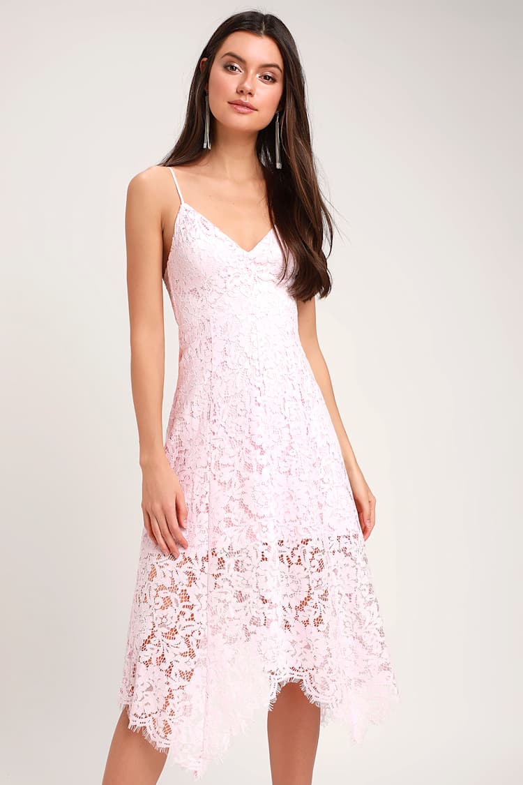 dusty pink lace detail asymmetric hem midi dress Lace Bustier Asymmetrical Midi Dress – Urban Planet main image 1