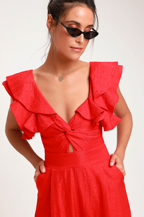 Bright Here, Bright Now Red Ruffled Culotte Jumpsuit 3