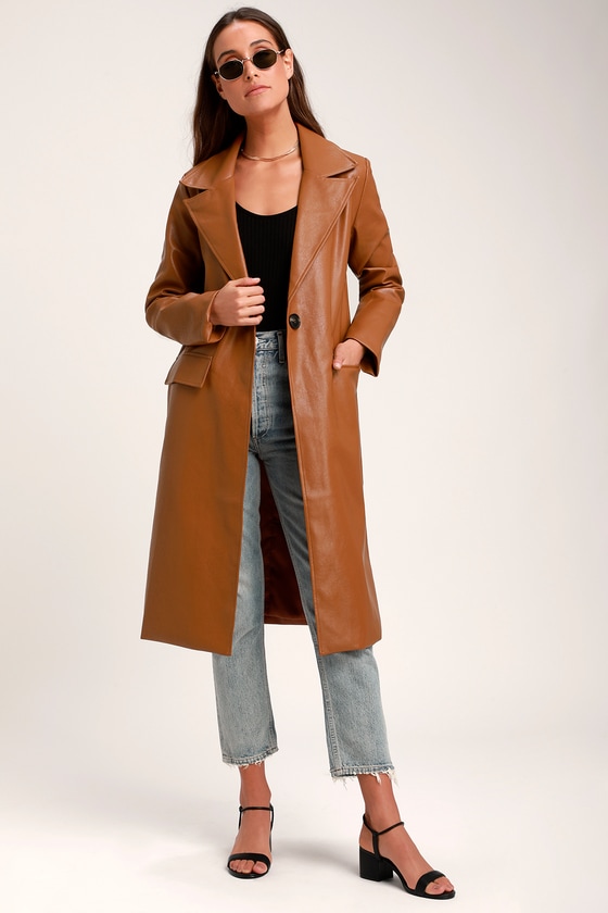 Chic Camel Coat - Vegan Leather Coat 