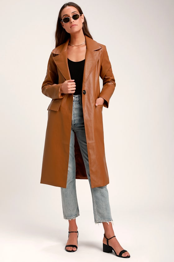 Adelene Camel Vegan Leather Trench Coat 1
