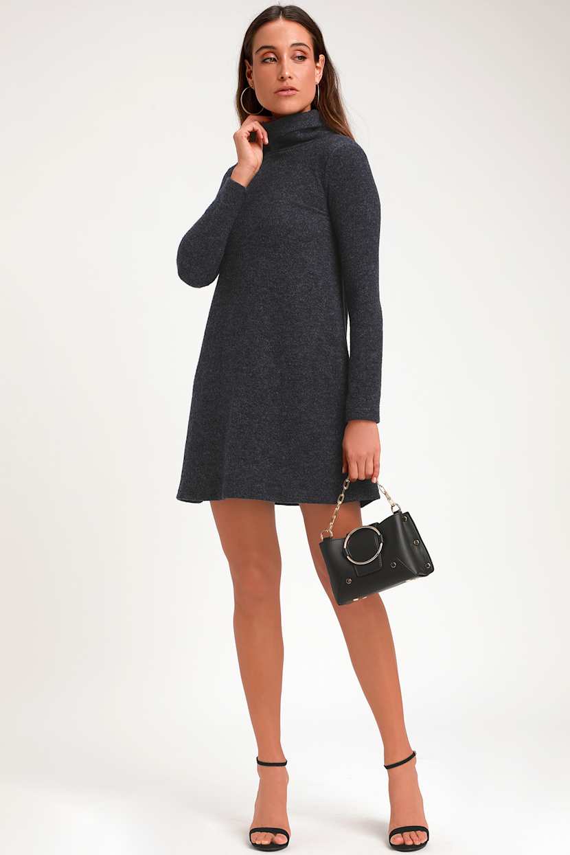 navy blue long sleeve turtleneck dress Anglaise Embroidered Long Sleeve Turtleneck Dress Navy