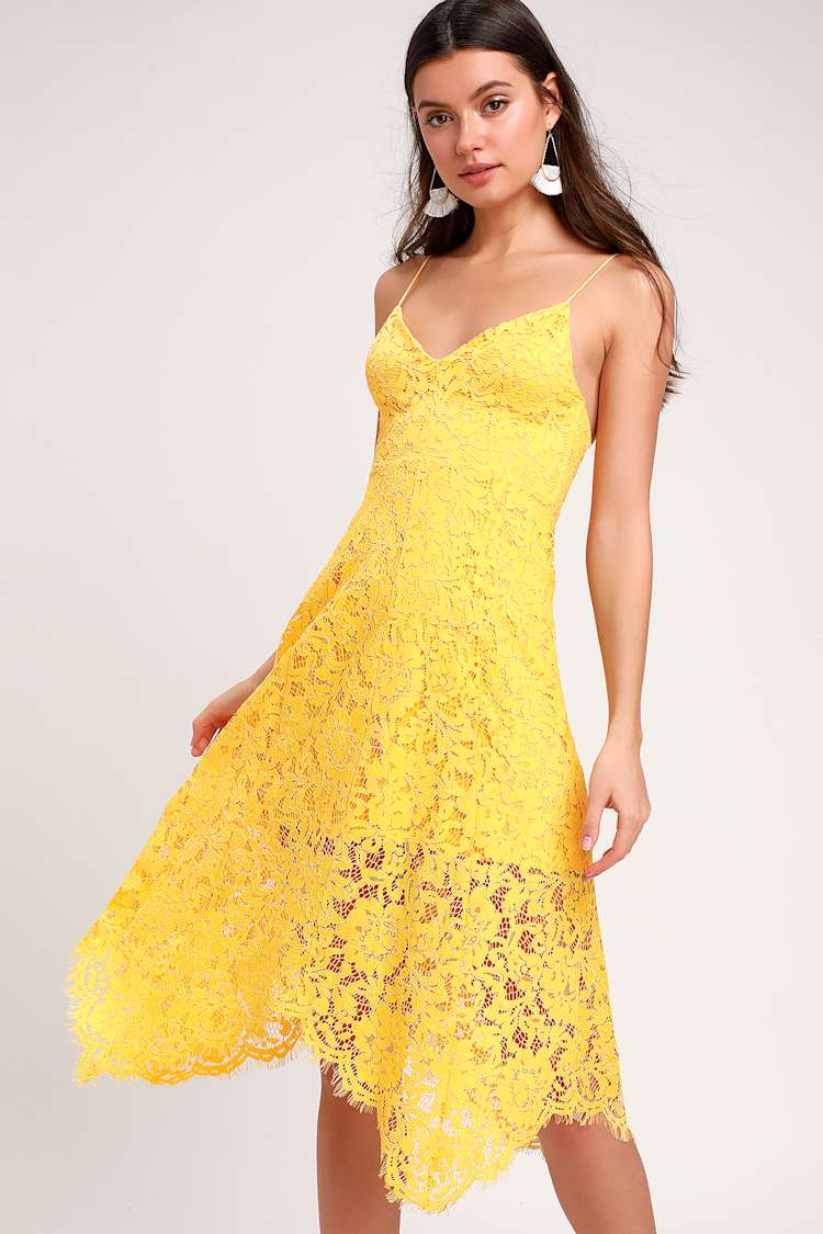 Lovely Yellow Lace Dress - Midi Dress - Handkerchief Hem Dress - Lulus