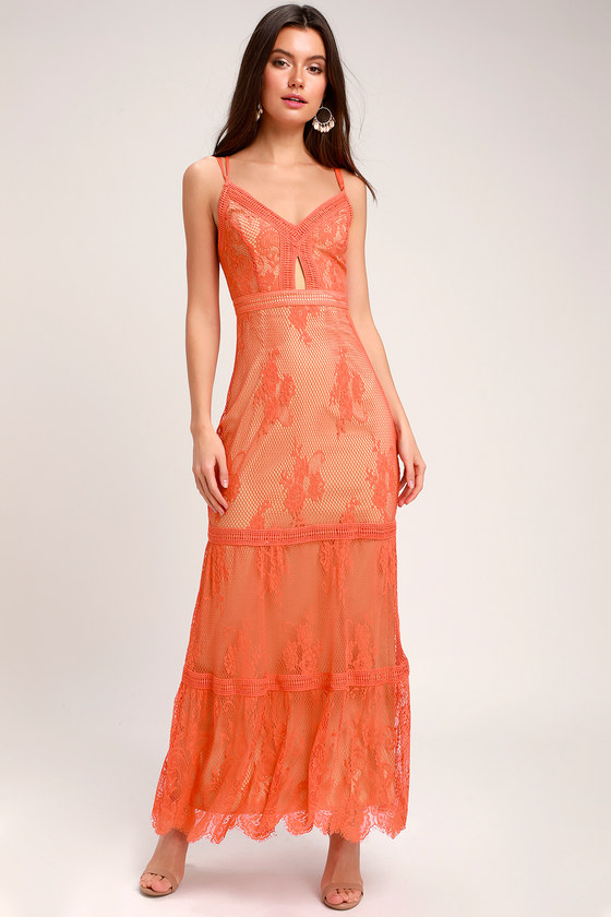 ashley coral orange lace maxi dress