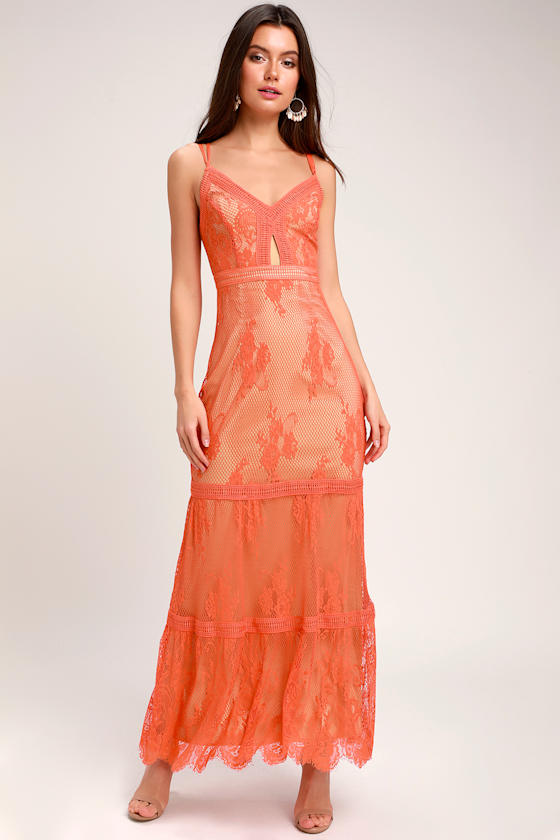 Ashley Coral Orange Lace Maxi Dress 1